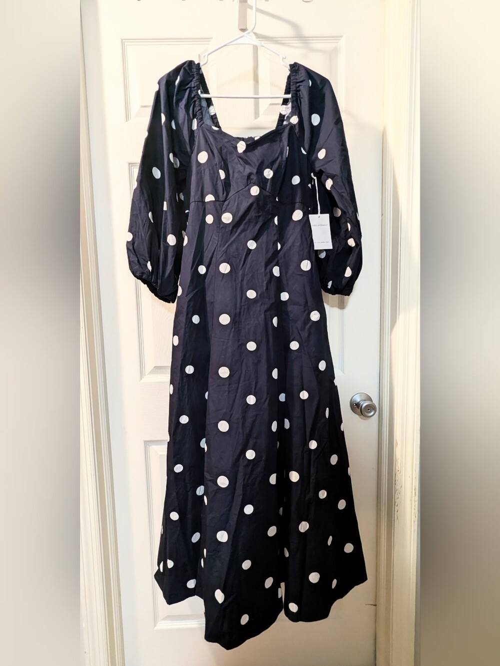 Free Assembly Polka Dot Puff Sleeve, Maxi Dress-Navy and White, Sz 8-10